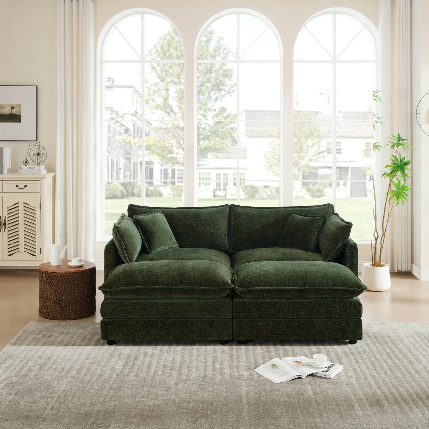 4 - Piece Upholstered Sectional Sofa, 1 - Piece of 2 Seater Sofa and 2- Piece of Ottomans, 2 Seater Loveseat Lounge with Ottomans, Green Chenille image 1
