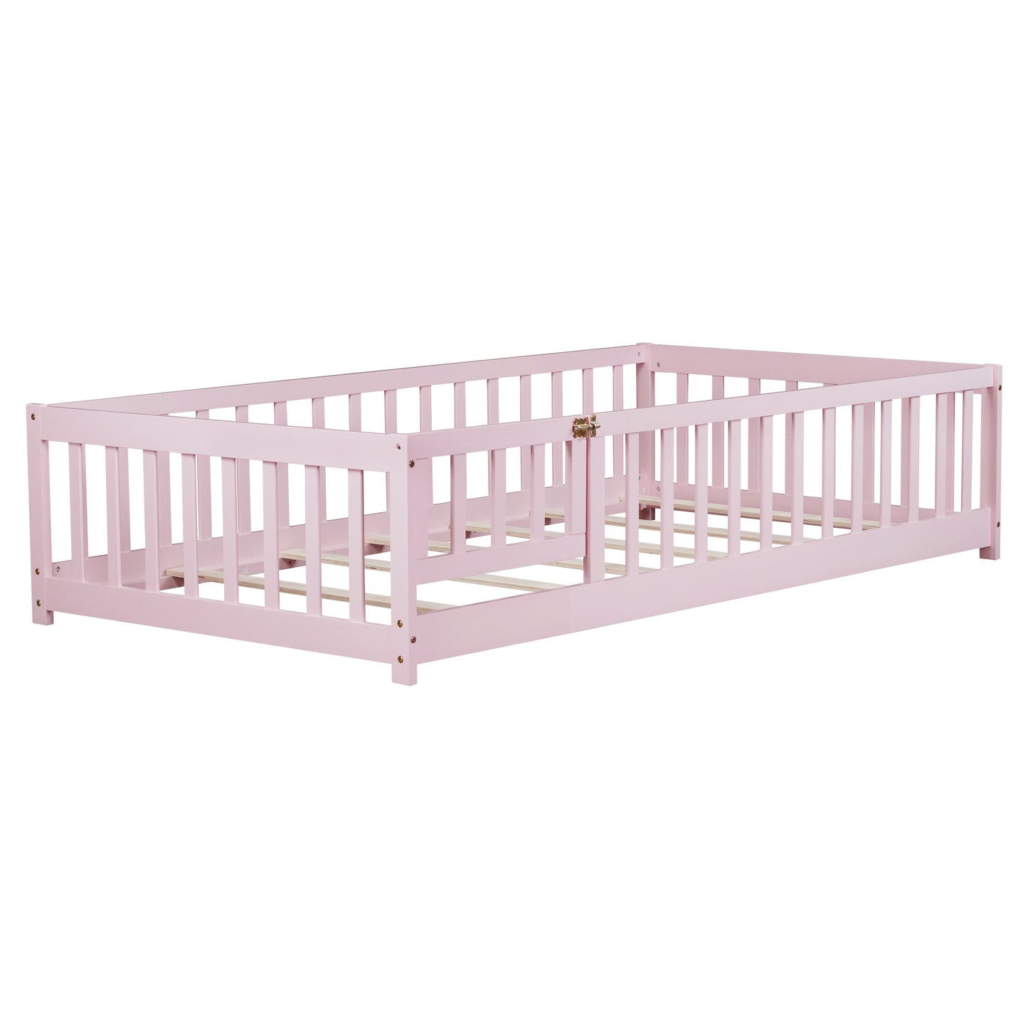 Twin Size Floor Bed with Fence and Door,Rubber Wood Floor Bed with Safety Guardrails,Pink image 3