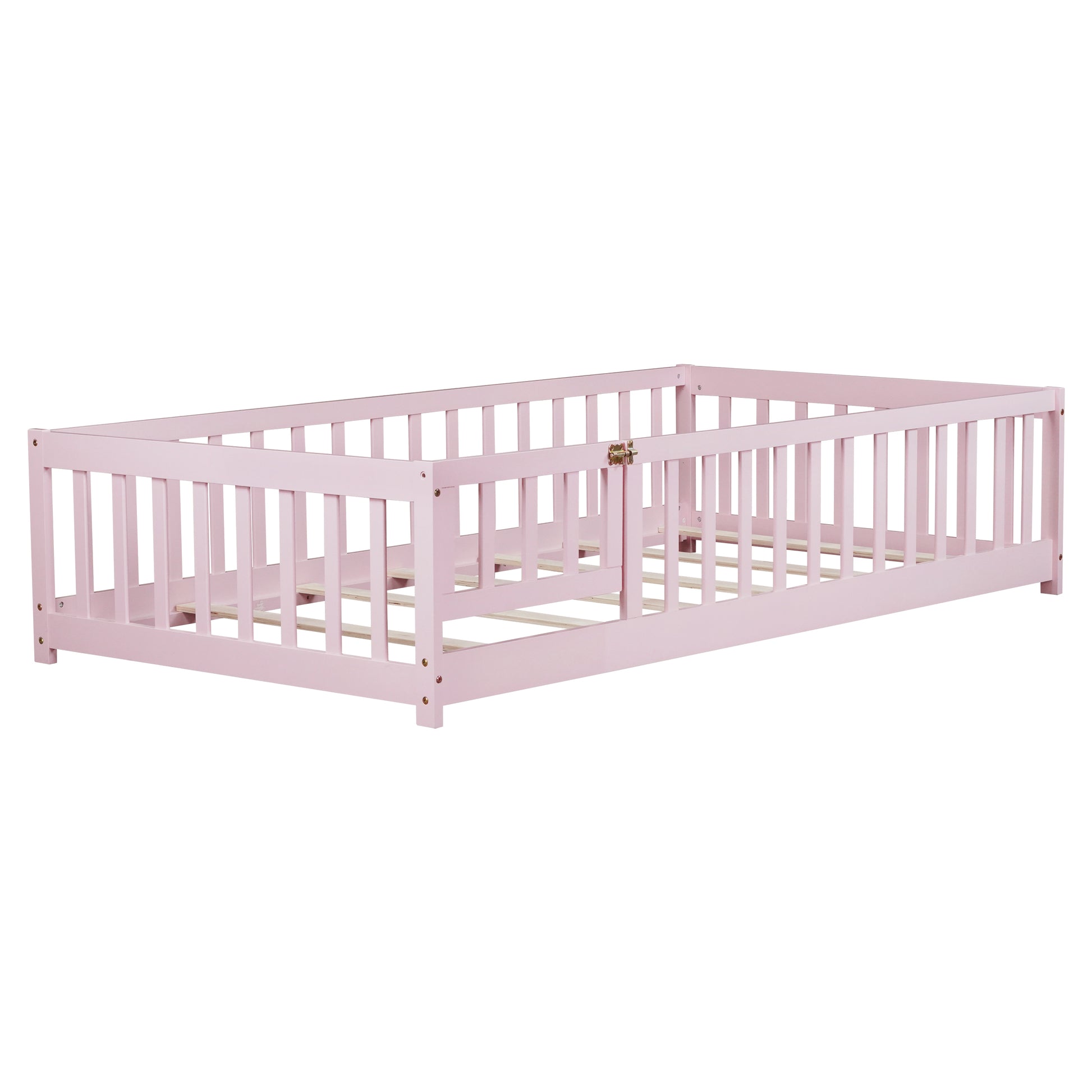 Twin Size Floor Bed with Fence and Door,Rubber Wood Floor Bed with Safety Guardrails,Pink image 3