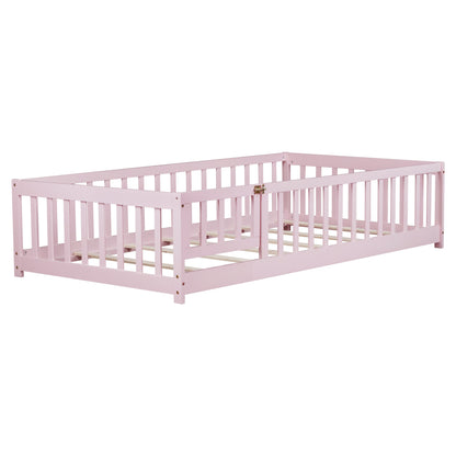 Twin Size Floor Bed with Fence and Door,Rubber Wood Floor Bed with Safety Guardrails,Pink image 3