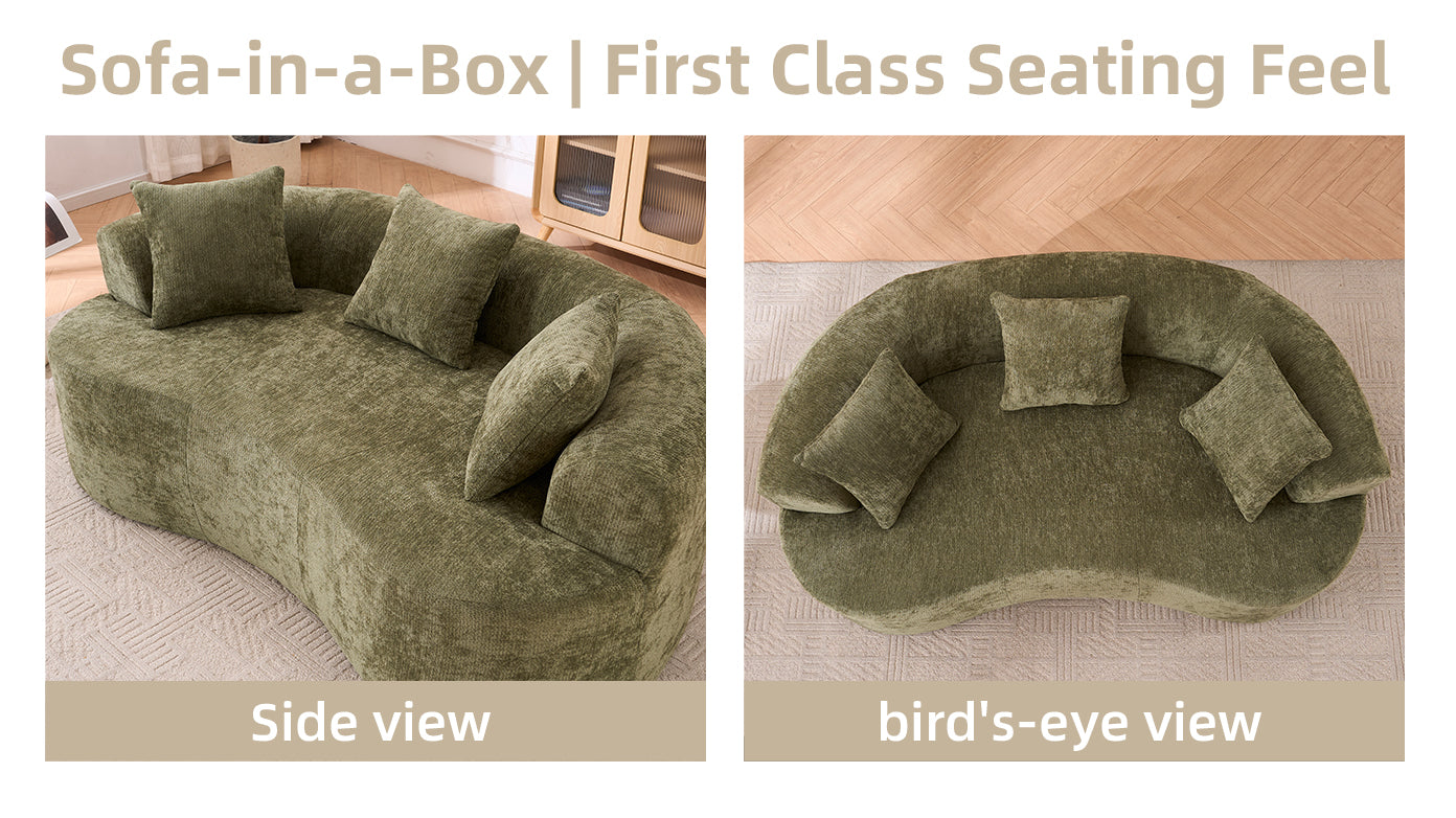 Crescent-shaped sofa, modern low-back design with deep cushions, self-inflating foam-filled large two-seater sofa requiring no assembly. (green chenille fabric) image 2