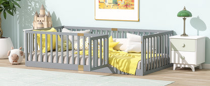 Twin Size Floor Bed with High Fence Railings, with Door, Rubber Wood Floor Bed with Safety Guardrails,Grey image 6