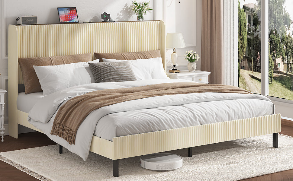 Queen Size Platform Bed, Metal Bed Frame with Charging Station, No Box Spring Needed, (Beige), Noise Free,Easy Assemble. image 3