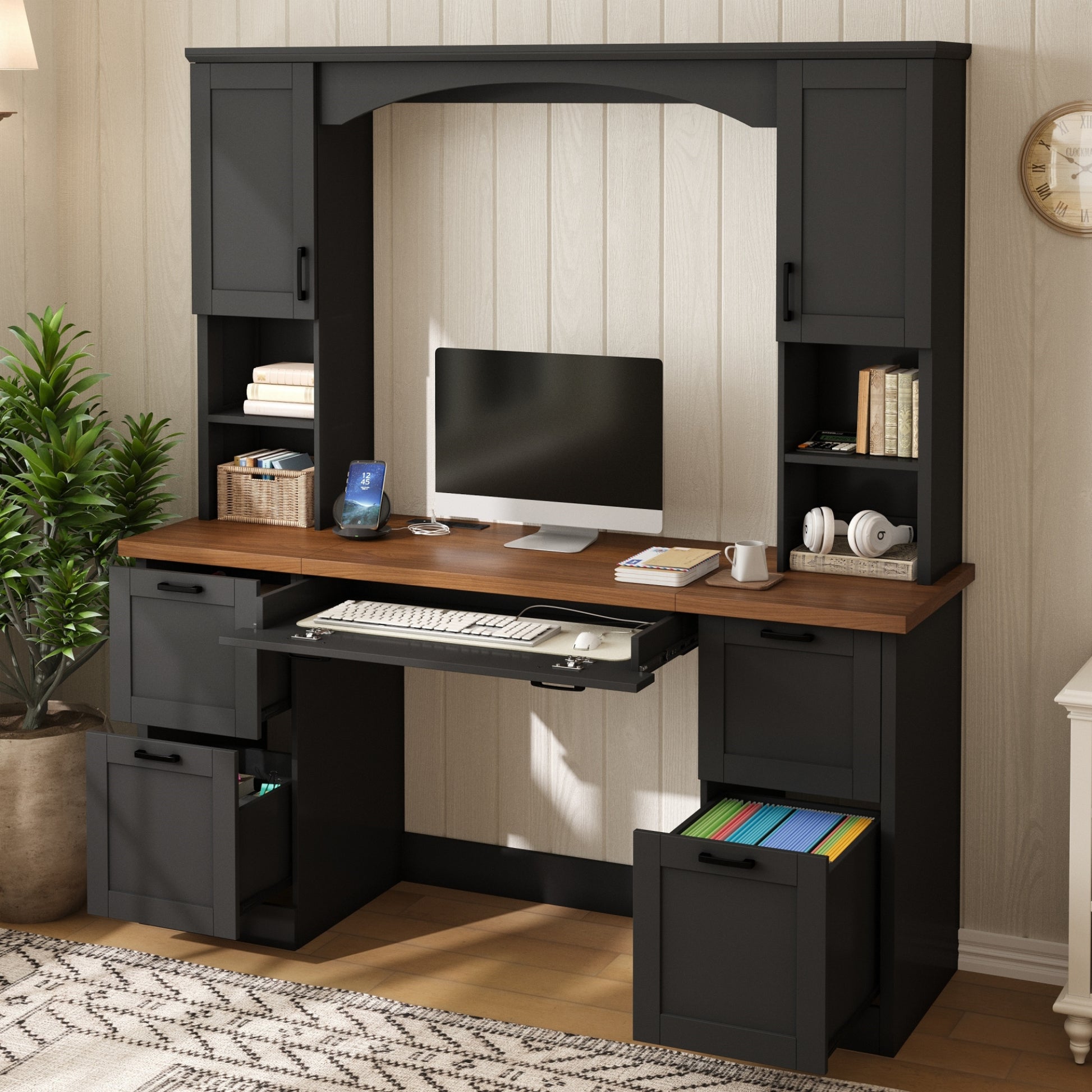 ON-TREND Farmhouse Arched Computer Desk with Hutch, Mid-Century Walnut Home Office Workstation with Charging Station & Keyboard Tray, All-in-One Writing Desk with File Drawer for Study, Office, Black image 2