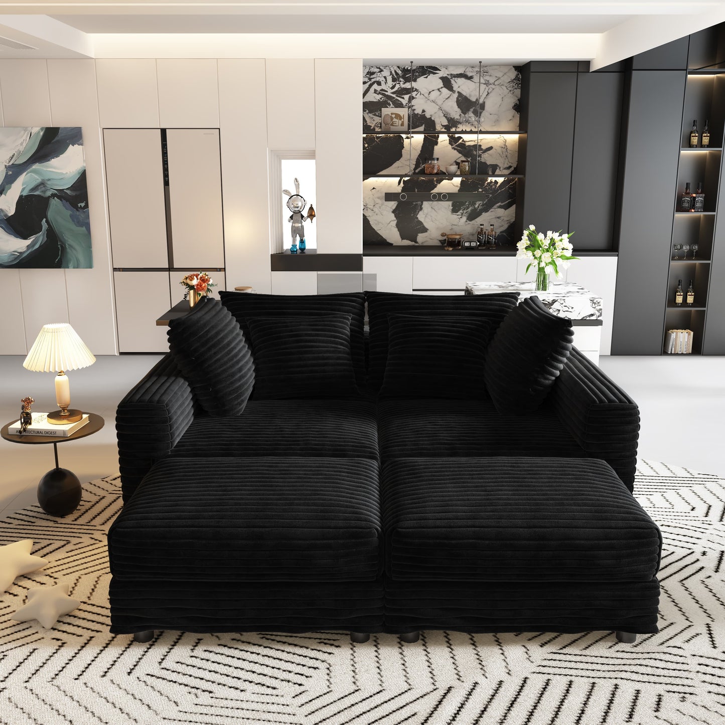 102.4 "Plush Corduroy 4-Seat Sofa,Modern Comfy Upholstered Sofa Cloud Couch,Deep Seat Couches with Soft Pillows and 2 Ottomans,Convertible Sofa Lounge Chair,Black(Old SKU:W1885S00282) image 8
