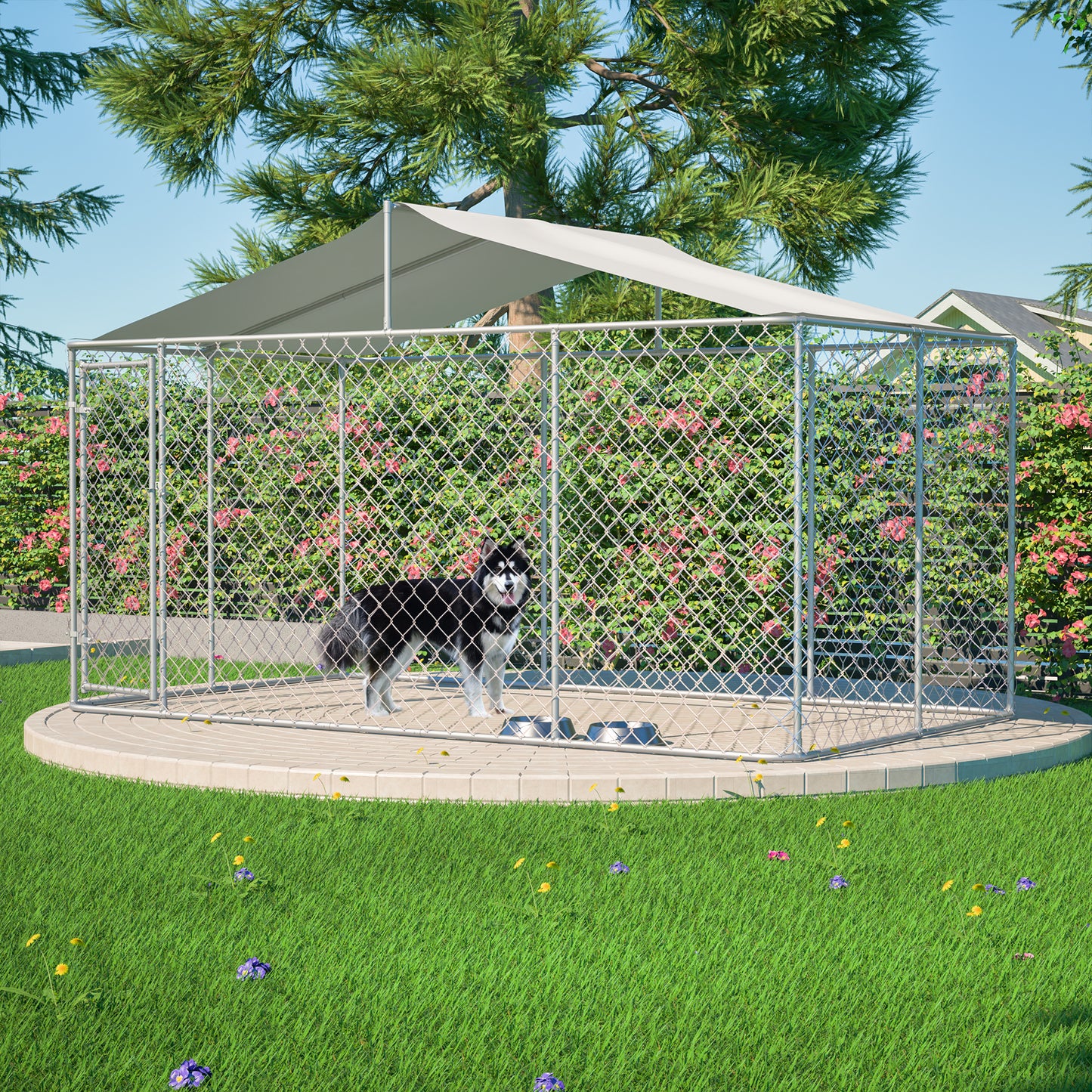 Heavy Duty Outdoor Dog Kennel 13.1x7.5x7.6 ft, Galvanized Chain Link Playpen with Waterproof Anti-UV Cover, Secure Lock, Large Exercise Pen for Puppy & Small Pets image 7