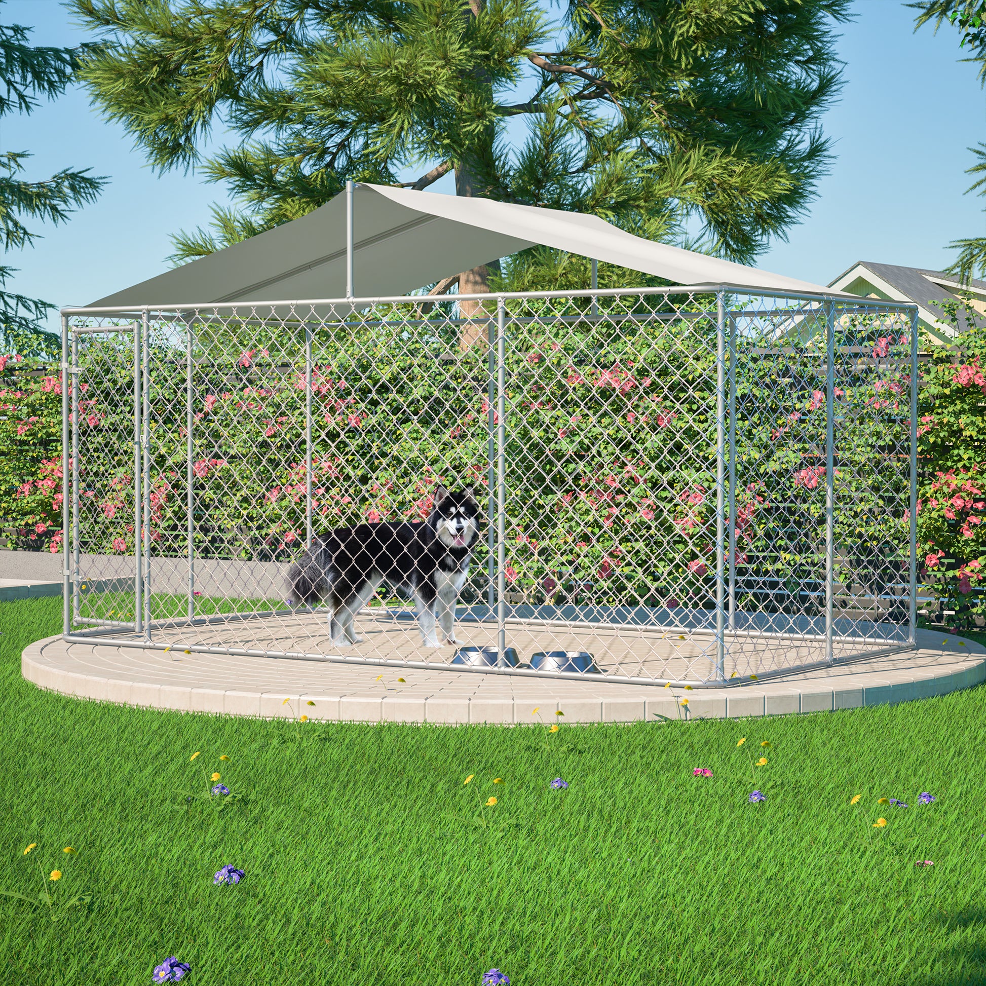 Heavy Duty Outdoor Dog Kennel 13.1x7.5x7.6 ft, Galvanized Chain Link Playpen with Waterproof Anti-UV Cover, Secure Lock, Large Exercise Pen for Puppy & Small Pets image 7