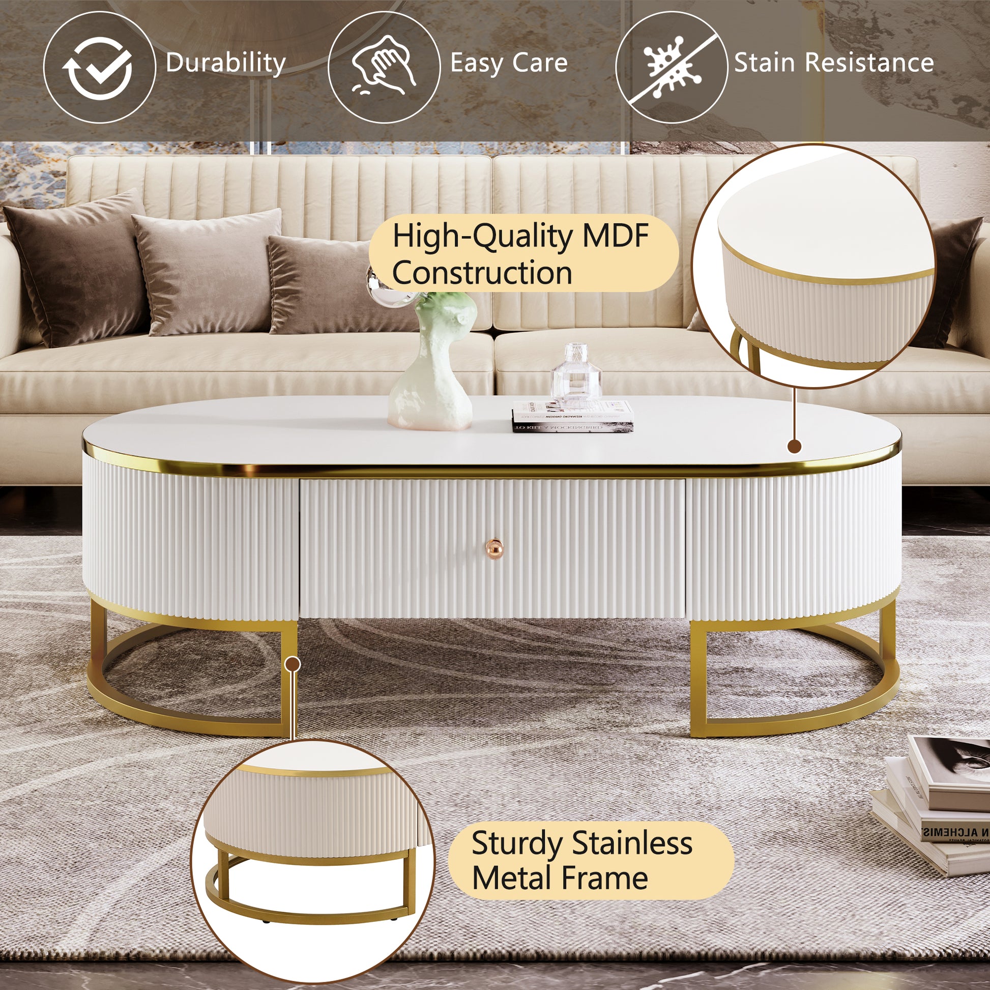 Modern Oval Coffee Table with Drawers,Curved Profile Design, Gold Metal Decor, Center Table for Living Room in 47.2" image 5
