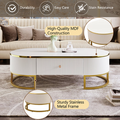 Modern Oval Coffee Table with Drawers,Curved Profile Design, Gold Metal Decor, Center Table for Living Room in 47.2" image 5
