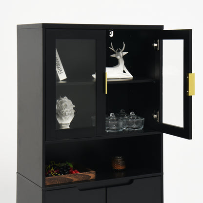 Tempered Glass Door Tall Storage Bookcase with adjustable board, 4 doors MDF painting finished cabinet, Black, Living room Bedroom storage image 11