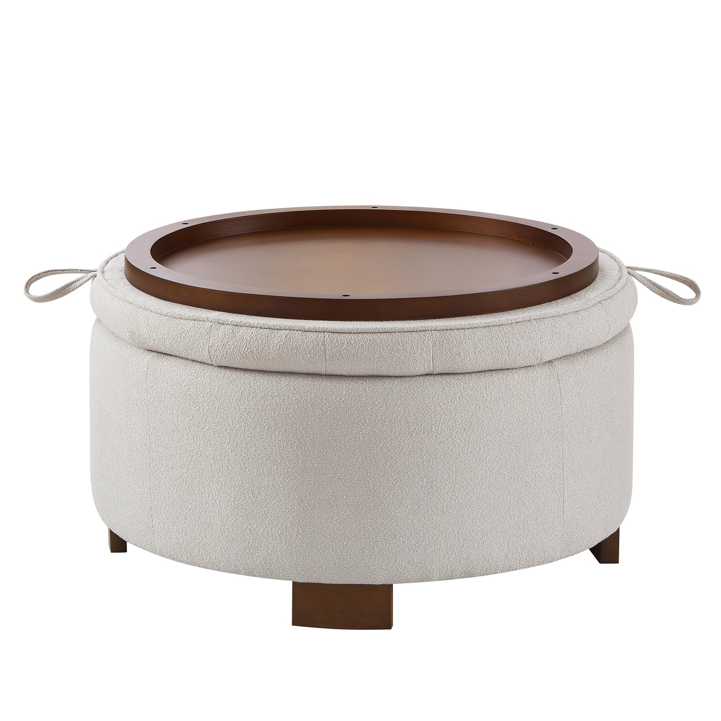 Round Storage Ottoman with Reversible Lid - Boucle Fabric Upholstered Footstool, Hidden Storage Compartment, Wooden Legs, Dual-Purpose Seat & Side Table for Living Room, Bedroom - BEIGE image 9