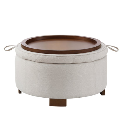 Round Storage Ottoman with Reversible Lid - Boucle Fabric Upholstered Footstool, Hidden Storage Compartment, Wooden Legs, Dual-Purpose Seat & Side Table for Living Room, Bedroom - BEIGE image 9
