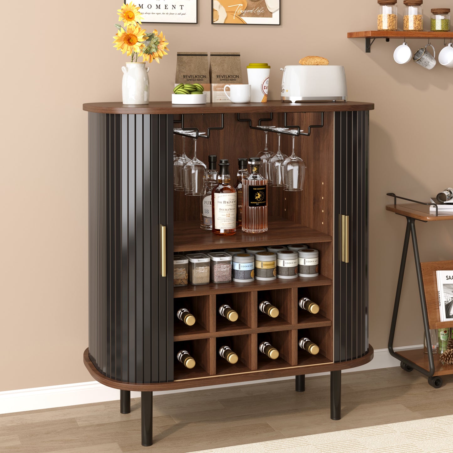 28" Fluted Wine Bar Cabinet with 8-Grid Wine Rack, 5-Level Adjustable Shelves, 2 Glass Holders, Smoothly Sliding Tambour Doors, 4 Hidden Storage Space on the Side, Modern Liquor Coffee Station, Black image 9