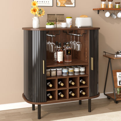 28" Fluted Wine Bar Cabinet with 8-Grid Wine Rack, 5-Level Adjustable Shelves, 2 Glass Holders, Smoothly Sliding Tambour Doors, 4 Hidden Storage Space on the Side, Modern Liquor Coffee Station, Black image 9