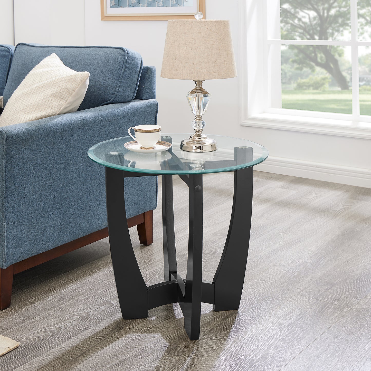 23.5 inch round glass coffee table, black round coffee table center table with glass top, small coffee table for living room, office and apartment image 1