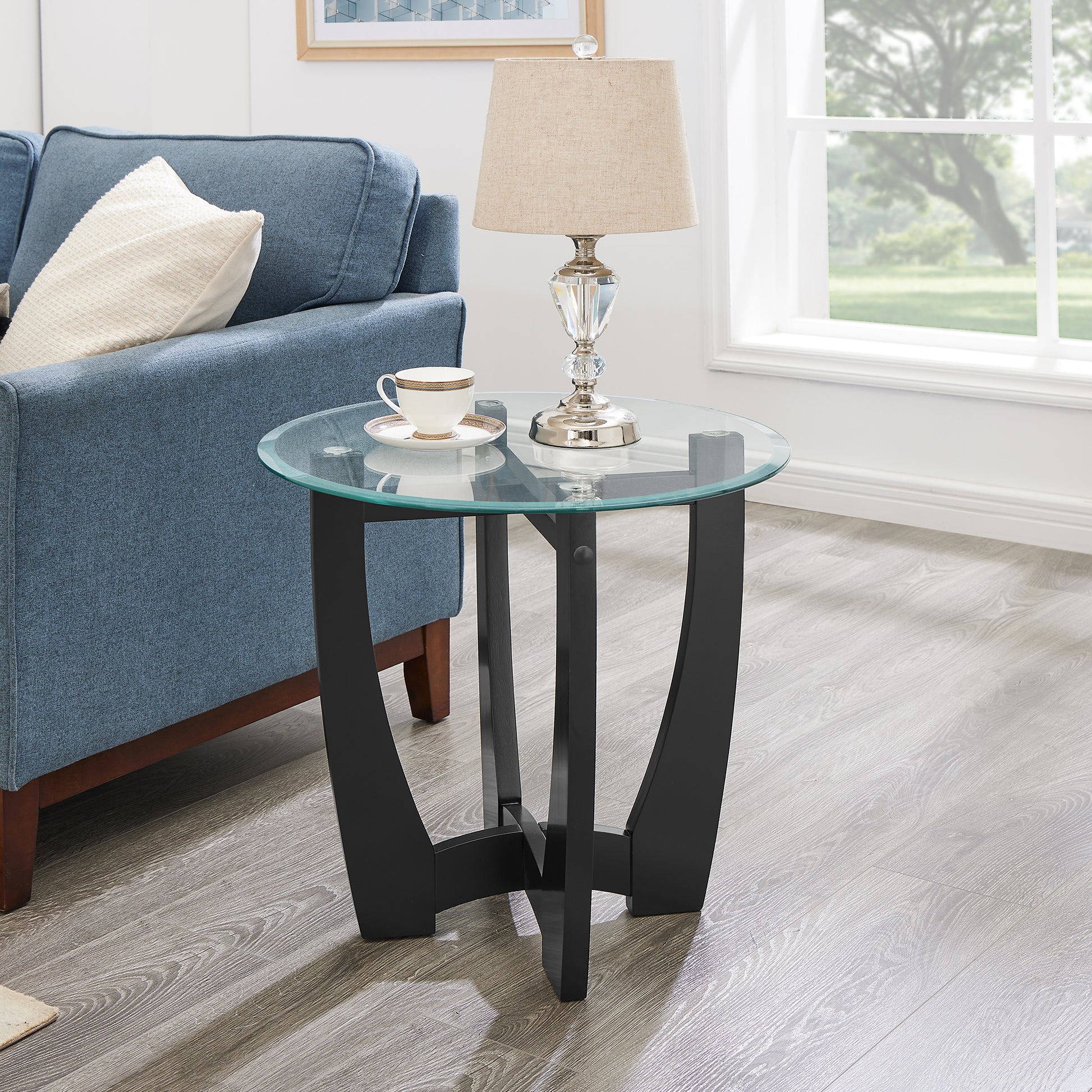 23.5 inch round glass coffee table, black round coffee table center table with glass top, small coffee table for living room, office and apartment image 1