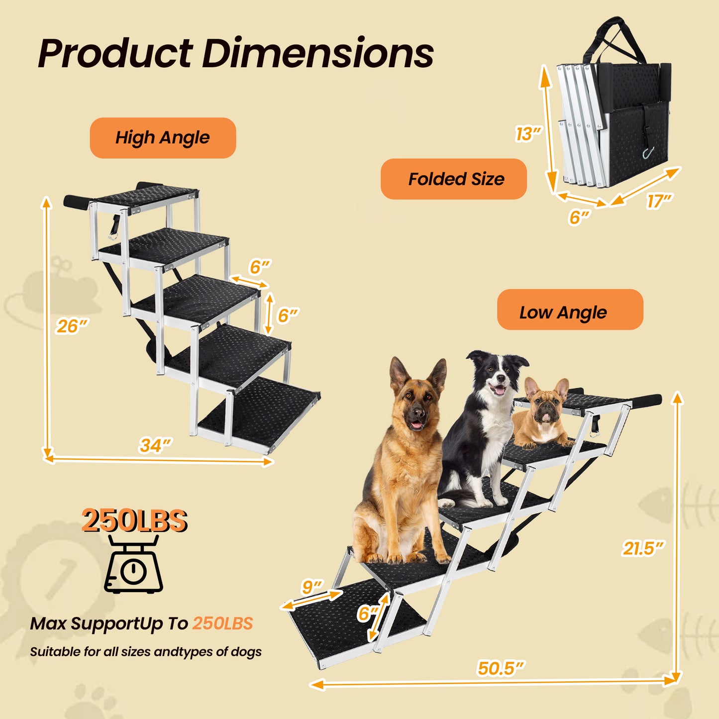 Aluminum Frame Foldable Dog Stairs, 5 Steps Heavy Duty Pet Ramp with Non Slip Surface and Soft Foam Handle, Dogs Stairs for Cars, High Beds, Truck, Supports up to 250 lbs image 5