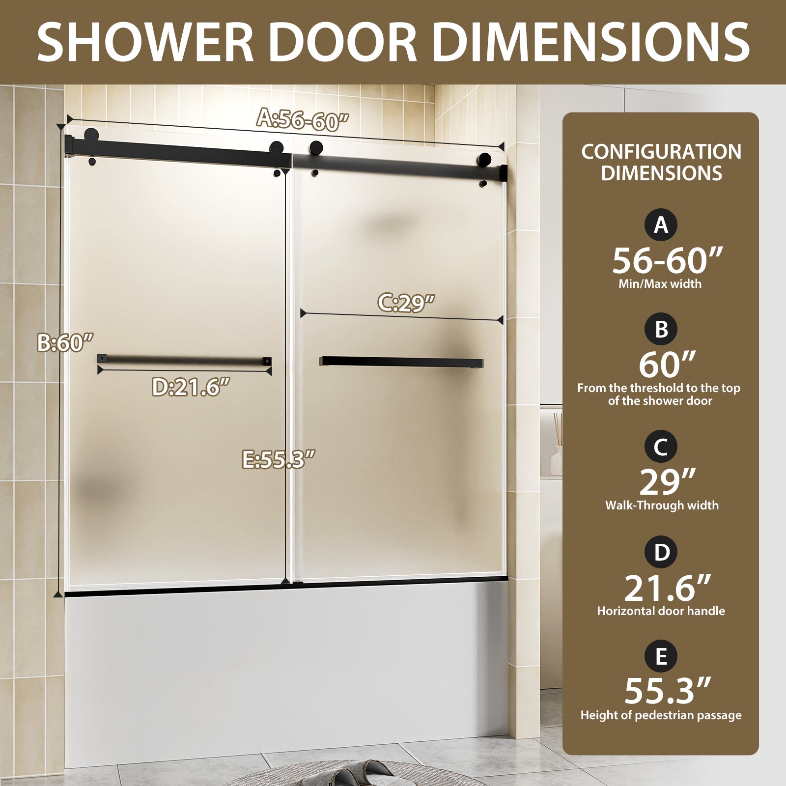 56-60" W x 60" H Frameless Double Sliding Shower Door, Premium 1/4" (6mm) Thick Frosted Ultra-Clear Nano-Coated Tempered Glass, Stainless Steel, Matte Black image 2