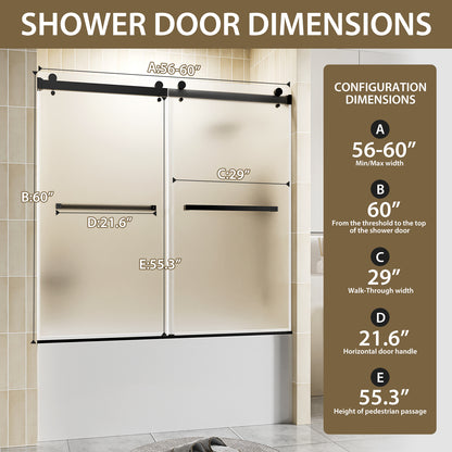 56-60" W x 60" H Frameless Double Sliding Shower Door, Premium 1/4" (6mm) Thick Frosted Ultra-Clear Nano-Coated Tempered Glass, Stainless Steel, Matte Black image 2