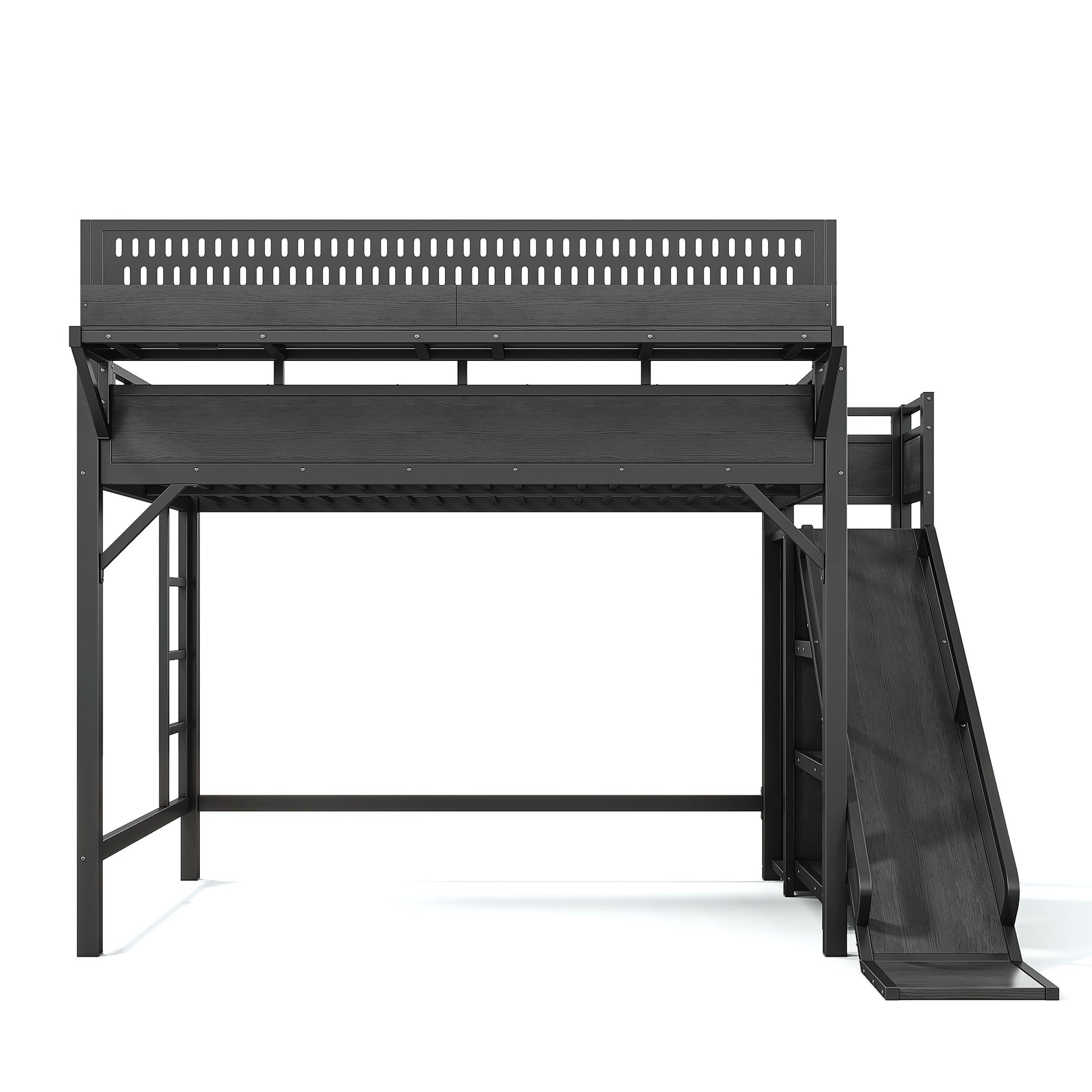 Queen Size Loft Bed with Slide, Storage Shelves and Built-in Wardrobe, Metal Loft Bed Frame with USB Ports and LED Lights, with Pegboard, Safety and Solid, Black image 12