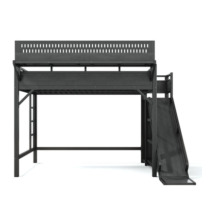 Queen Size Loft Bed with Slide, Storage Shelves and Built-in Wardrobe, Metal Loft Bed Frame with USB Ports and LED Lights, with Pegboard, Safety and Solid, Black image 12