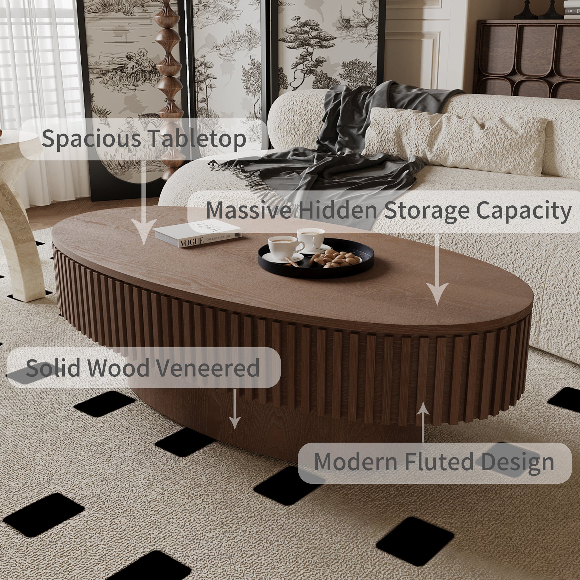 47'' Oval Coffee Table with Storage Solid Wood Veneered Modern Coffee Table Accent Tea Table for Living Room, Bedroom, Apartment or Office, Walnut image 8