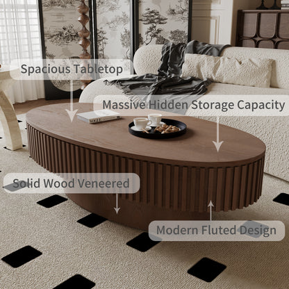 47'' Oval Coffee Table with Storage Solid Wood Veneered Modern Coffee Table Accent Tea Table for Living Room, Bedroom, Apartment or Office, Walnut image 8