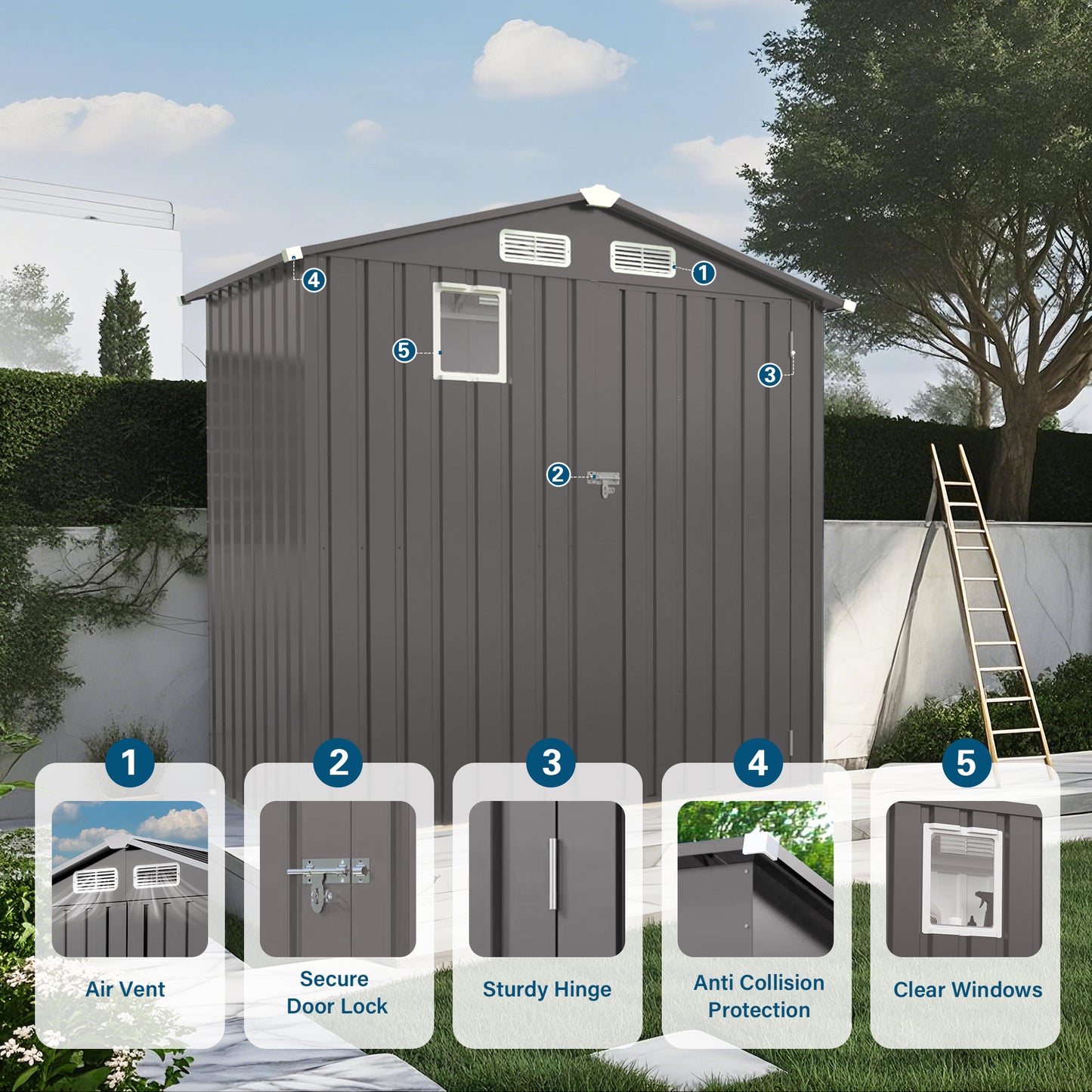 6X 3.6FT Metal Outdoor Storage Shed, Tool Shed with Peaked Roof Watertight with Clear Window and Lockable Door Compact Metal Tool Room for Garden, Backyard, Patio, Sundries and Bike Storage, Gray image 8
