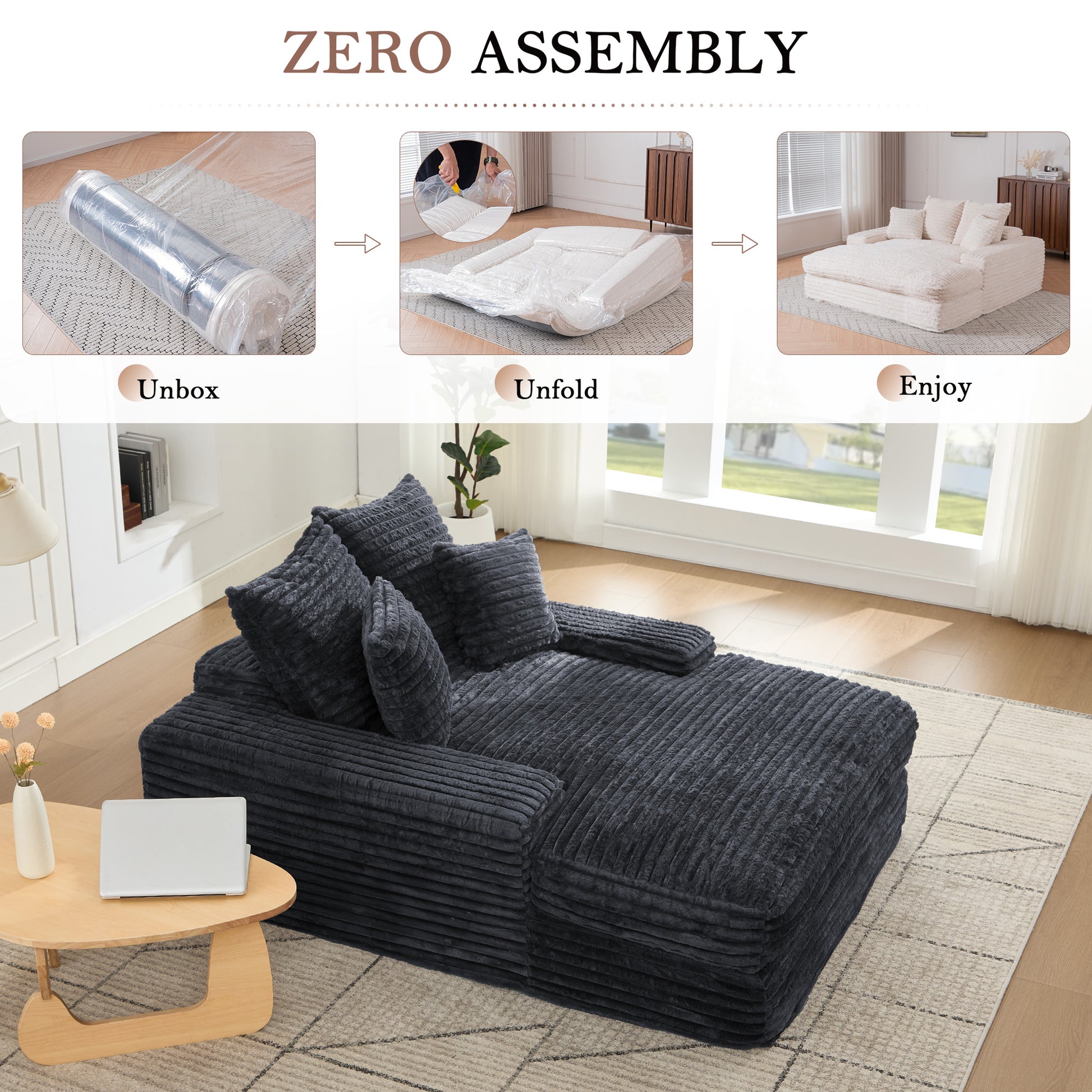012-Luxury Corduroy Convertible Chaise Lounge with 4 Pillows, Ultra-Soft Sofa Bed No Assembly Required, Instant Setup Lounge Chair Bed for Living Room, Apartment & Small Spaces,Grey image 9