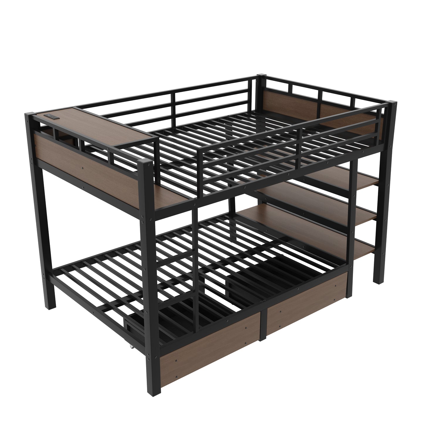Full Size Metal Bunk Bed with Storage Shelves, LED light strip, and USB power strip, black image 8