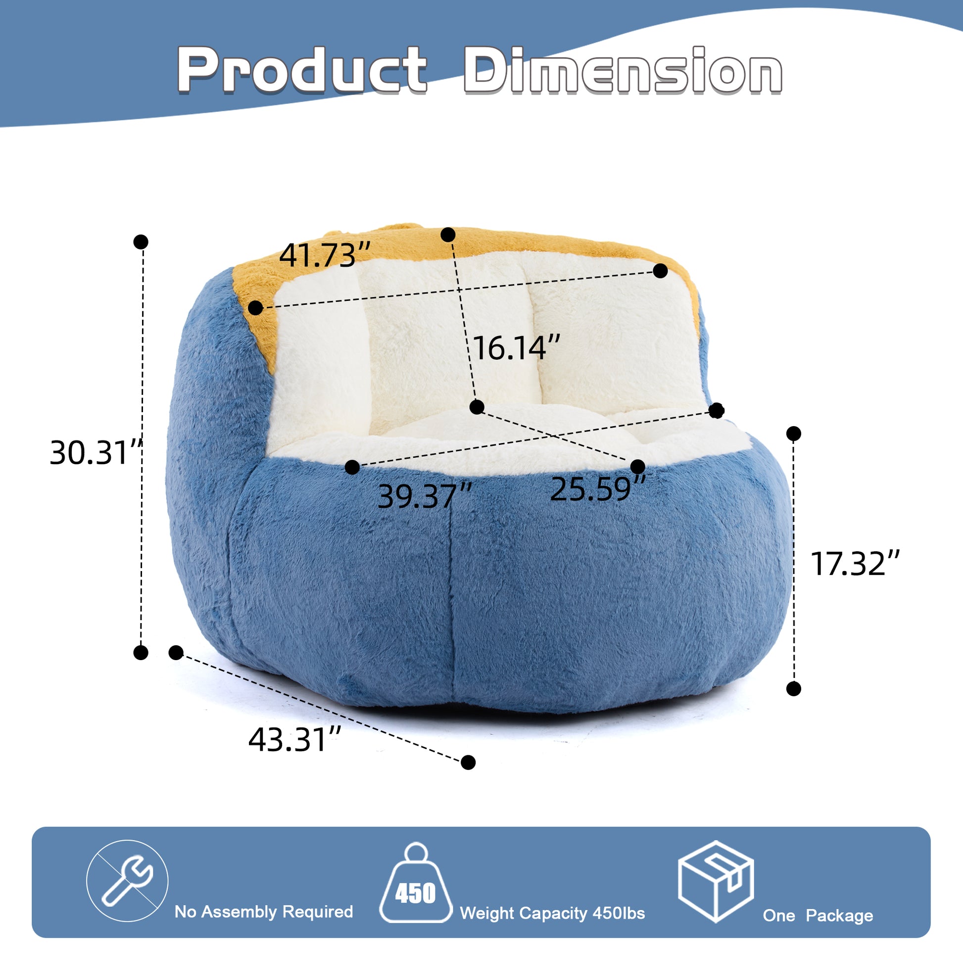 Oversized Bean Bag Chairs,Multicolor Faux Fur Couch Filled with Shredded Sponge,Large Lounger Sofa For Living Room,No Assembly Required, Blue+White+Yellow image 4