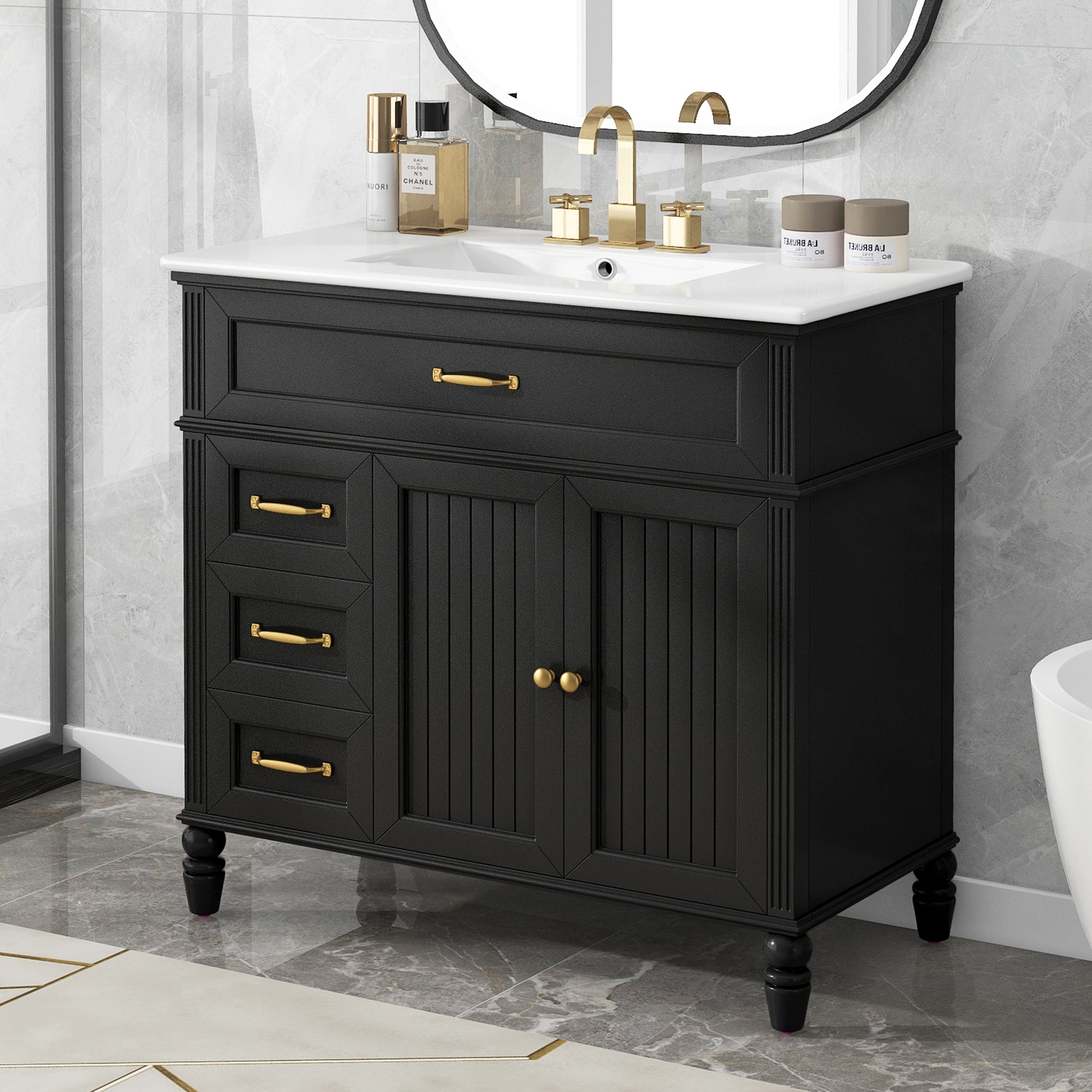 [Video] 36" Bathroom Vanity with Sink, Bathroom Cabinet with Drawers, Solid Frame and MDF Board, One Package, Black(same SKU: N725P195410B) image 1
