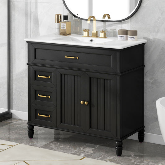 36 inch black bathroom vanity with ceramic sink and gold hardware
