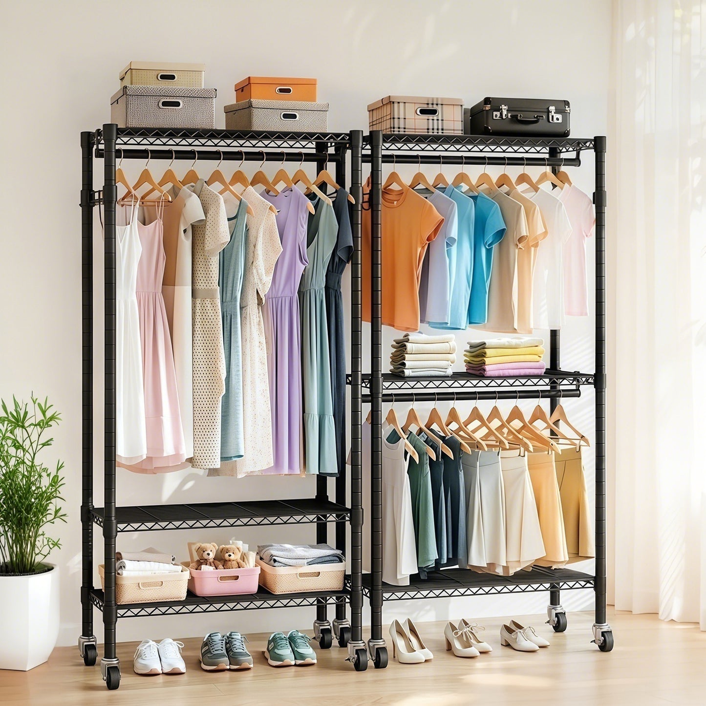 Rolling Clothes Rack, Heavy Duty Clothes Rack with Wheels, 3 Tiers Adjustable Wire Shelving Clothes Rack with 2 Clothes Rails and Side Hooks, Portable Closet Organizer, 35.43''×17.13D''×70.87''H,Black image 7
