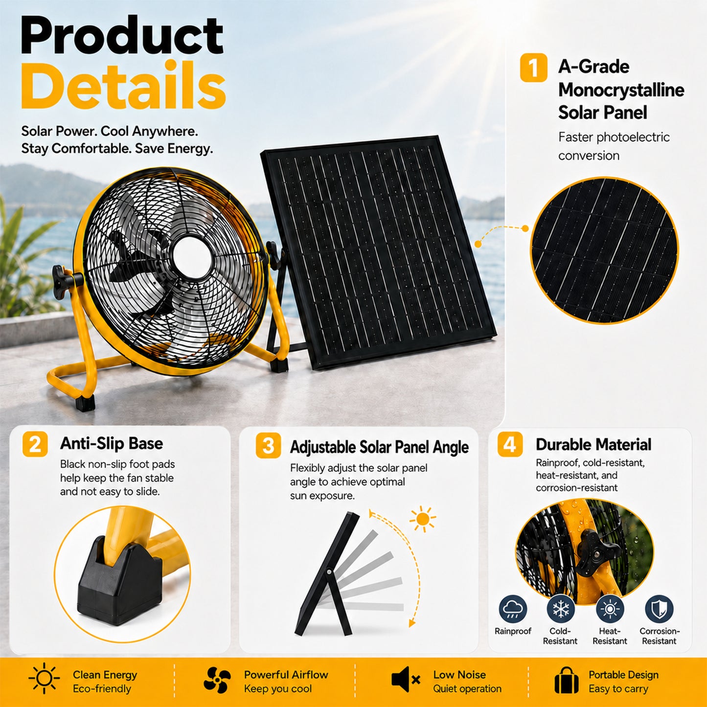 12" Yellow Solar Rechargeable Floor Fan,30W Adjustable Monocrystalline Solar Panel,Built-in 1500mAh Battery,3-Speed Remote Dual Power Fan for Home Room,Backyard Camping & Greenhouse image 3