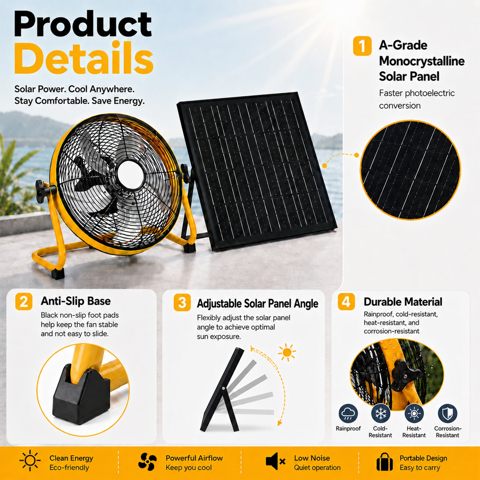 12" Yellow Solar Rechargeable Floor Fan,30W Adjustable Monocrystalline Solar Panel,Built-in 1500mAh Battery,3-Speed Remote Dual Power Fan for Home Room,Backyard Camping & Greenhouse image 3