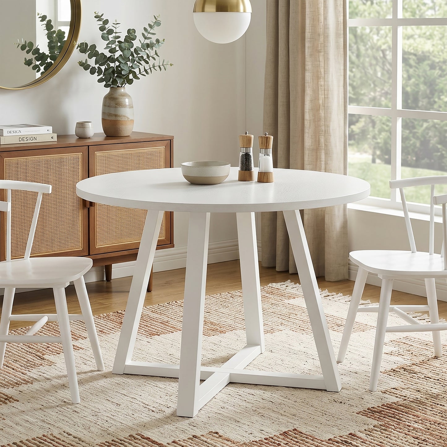 Edo Contemporary Round Dining Table, Trestle Base, White Finish image 1