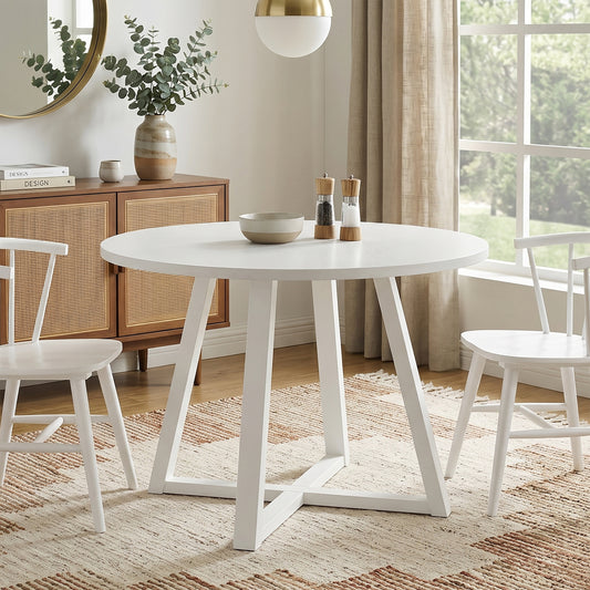 Edo Contemporary Round Dining Table, Trestle Base, White Finish image 1