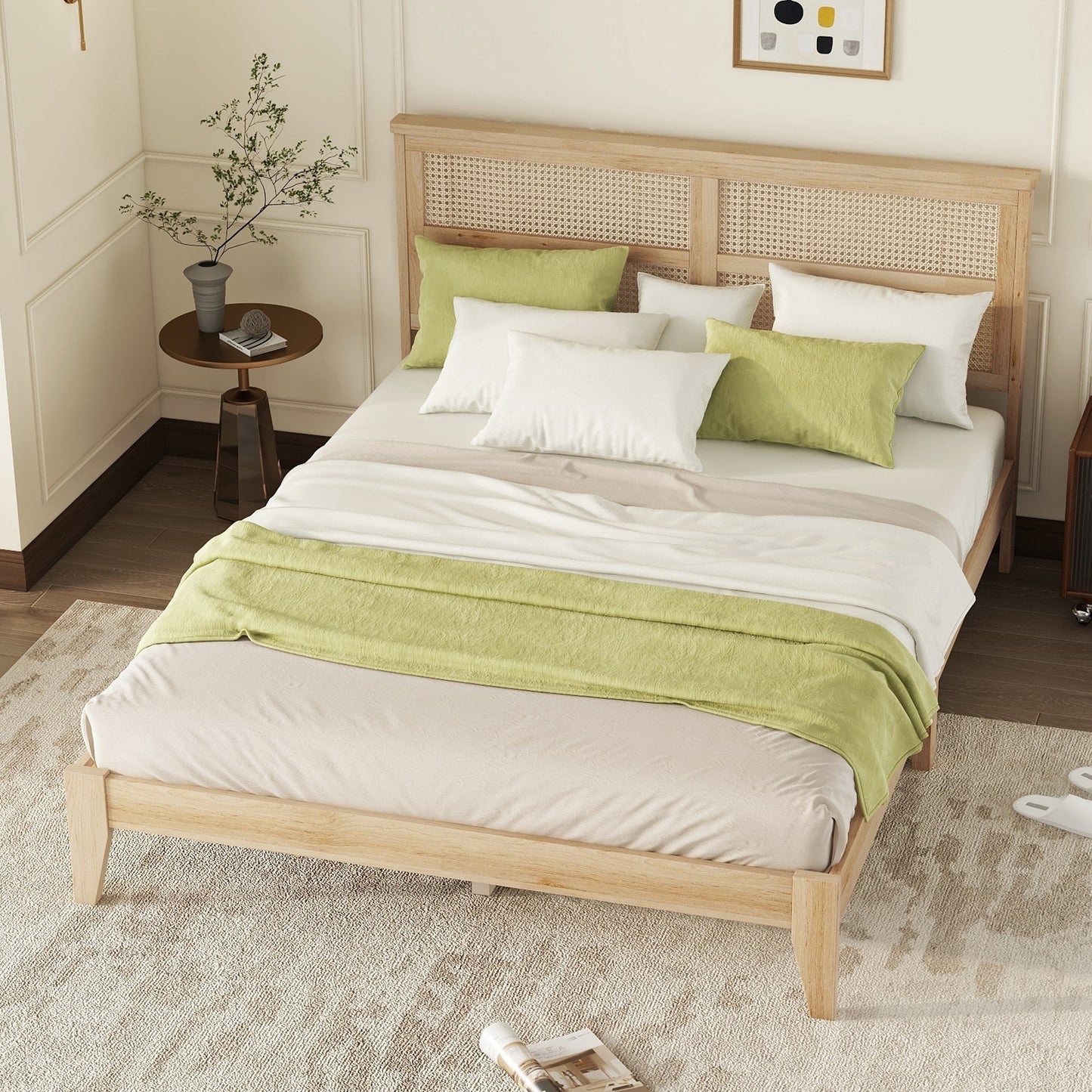 Queen Size Rubber Wooden, Solid Wooden Bed with Rattan Headboard, Enhanced by Support Feet,Natural image 6
