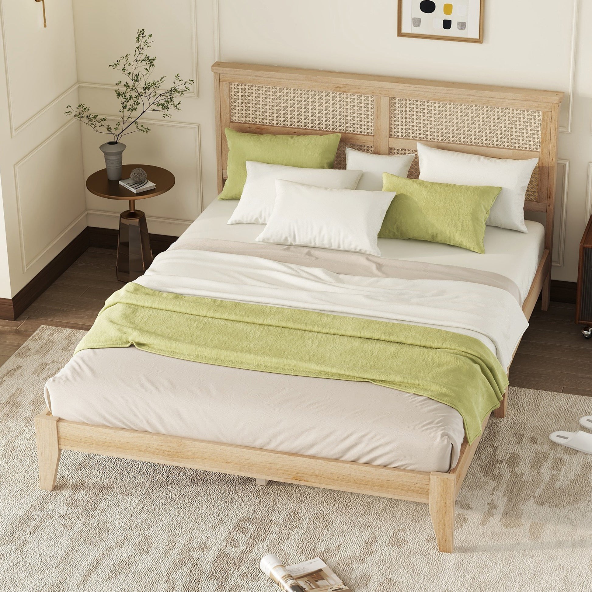 Queen Size Rubber Wooden, Solid Wooden Bed with Rattan Headboard, Enhanced by Support Feet,Natural image 6