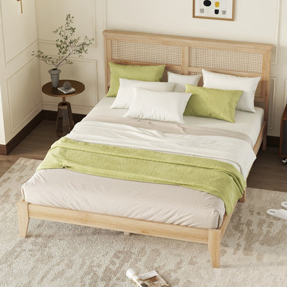 Queen Size Rubber Wooden, Solid Wooden Bed with Rattan Headboard, Enhanced by Support Feet,Natural image 6