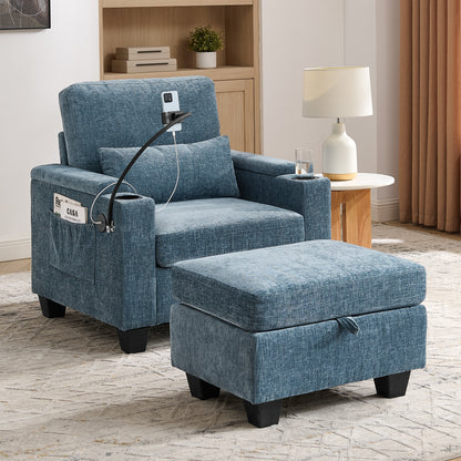 Single sofa recliner with manually adjustable backrest, USB charging port on the armrest side, phone stand included, hidden armrest storage, and a matching storage ottoman-Blue image 1