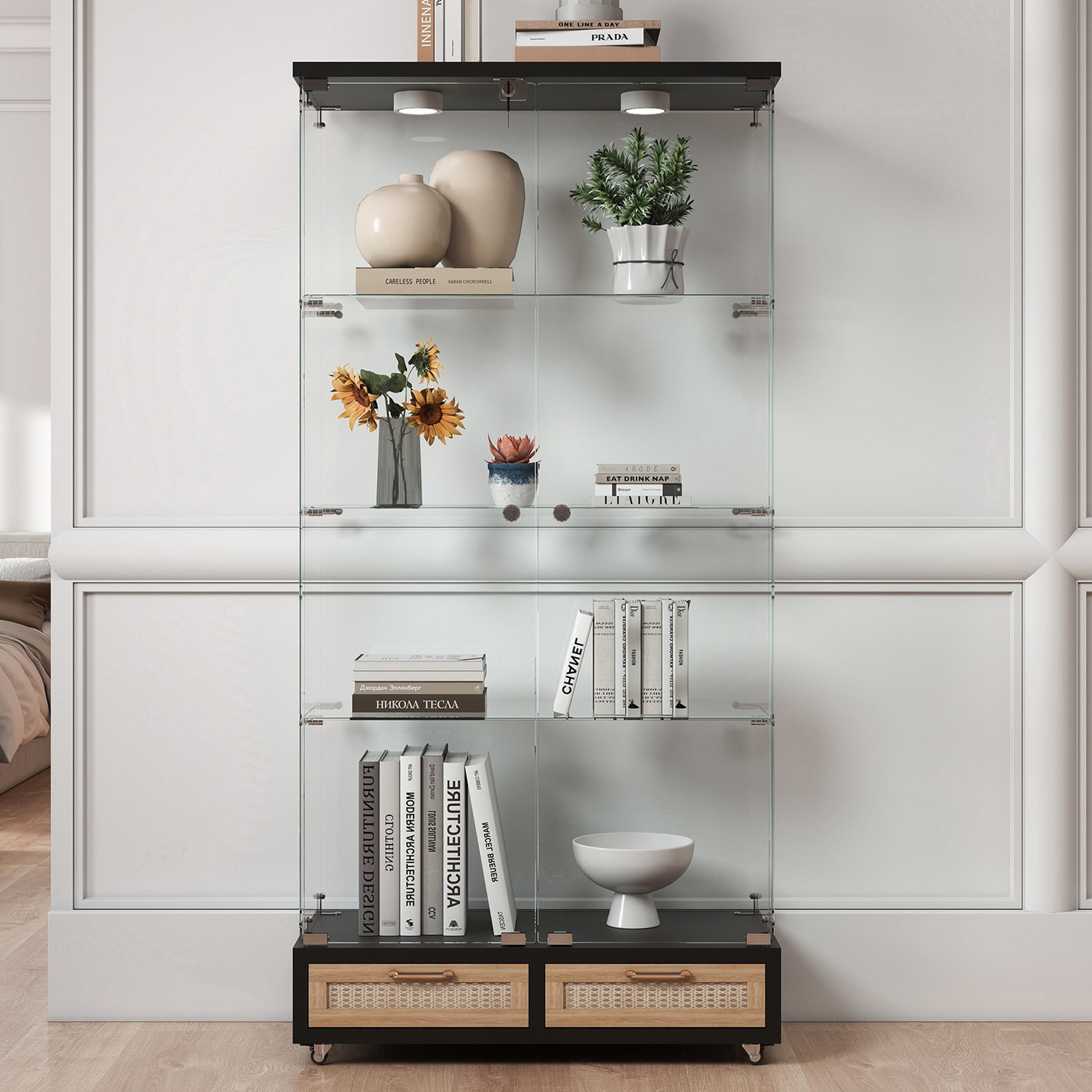 Modern Glass Display Cabinet with Large Drawers,Quick-assembly Antique Cabinet with LED lights,Tempered Glass Bookshelf,2-Door Storage Case with 4 Shelves for Living Room and Bedroom,black and natural image 4