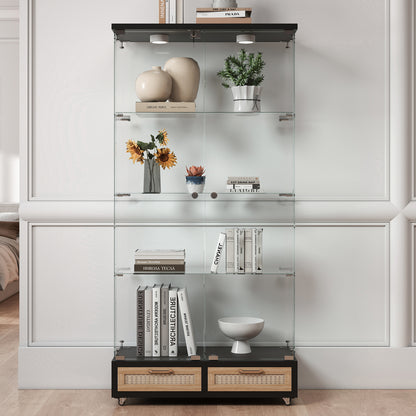 Modern Glass Display Cabinet with Large Drawers,Quick-assembly Antique Cabinet with LED lights,Tempered Glass Bookshelf,2-Door Storage Case with 4 Shelves for Living Room and Bedroom,black and natural image 4