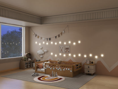 Twin Montessori Floor Bed Frame with High Rails, Wood Kids Floor Beds with Light and Storage Shelf, Natural (Expect Arrival Date 2025/8/15) image 8