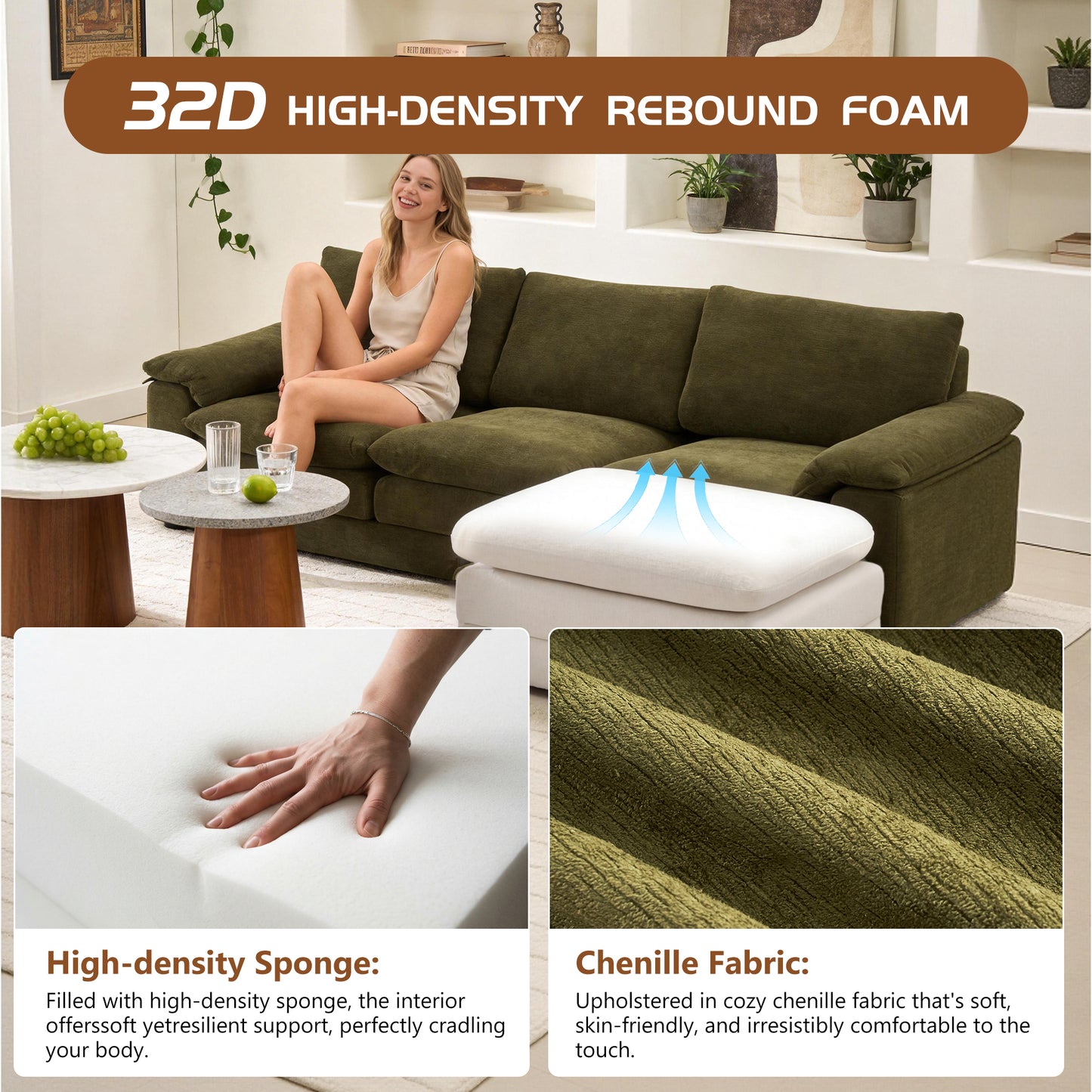 Modular Sectional Sofa, L Shape Cloud Couch with 1 Movable Ottoman, Comfy Chenille Deep Seat Sofa with Soft Pillows for Living Room Apartment (Green) image 6