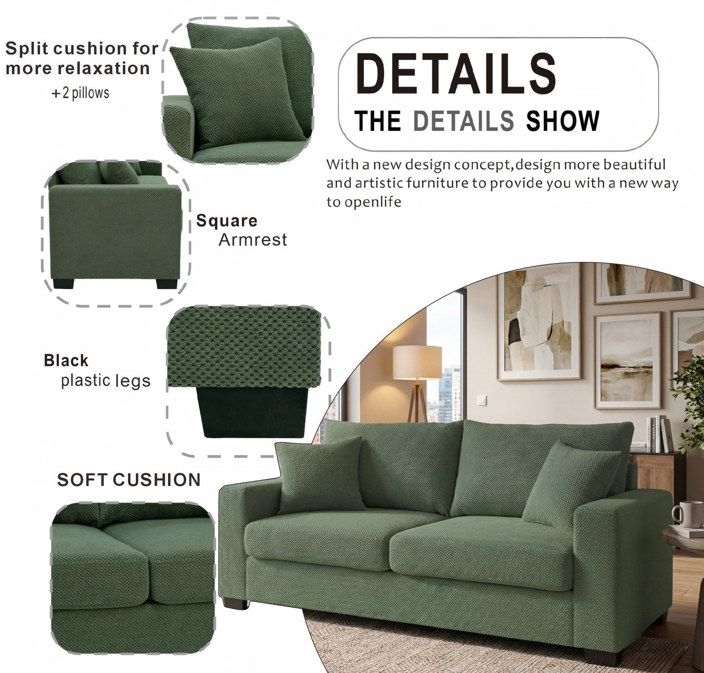 69-inch two-seater Sofa with Textured Fabric, Comfortable Upholstered Couch with 2 Throw Pillows and Sturdy Plastic Legs for Living Room, Apartment, Office, Dark Green image 4
