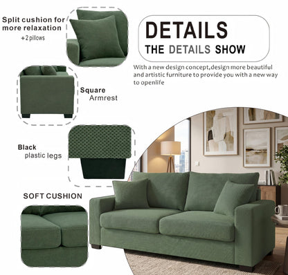 69-inch two-seater Sofa with Textured Fabric, Comfortable Upholstered Couch with 2 Throw Pillows and Sturdy Plastic Legs for Living Room, Apartment, Office, Dark Green image 4