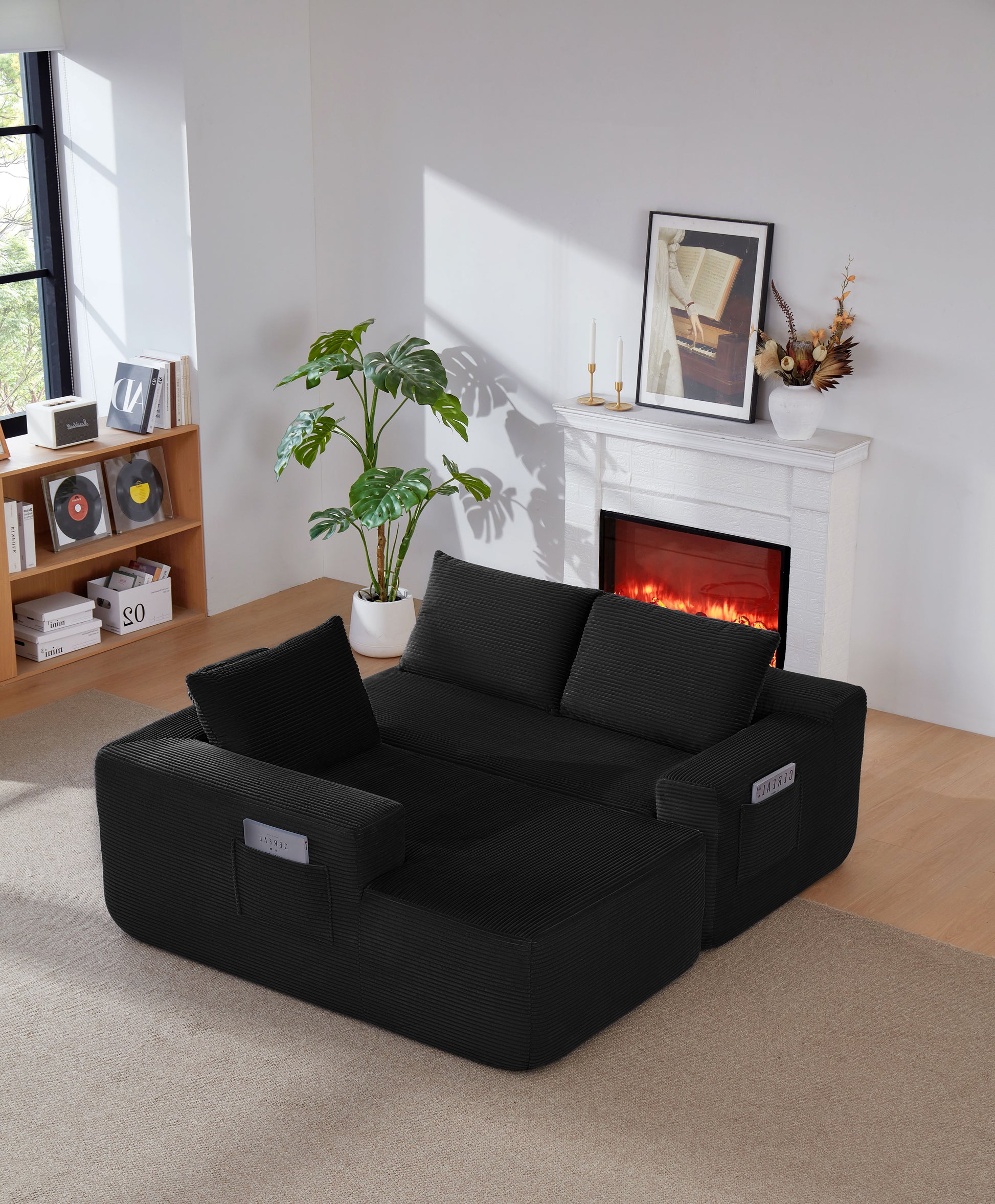 NEW-96.9" Cloud Sectional Couch with L-Shape Chaise,Modern Modular Sofa with Deep Seat, Upholstered Couches for Living Room Bedroom,No Assembly Required, (Corduroy Fabric),Black image 5
