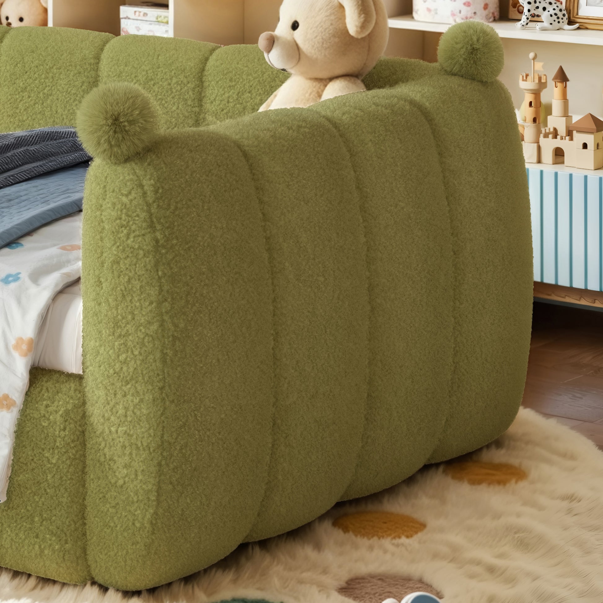 Twin Size Kids Soft Upholstered Floor Bed, Montessori Floor Bed with Full Surround Safety Rails, Low to Ground Child Bed Frame for Boys Girls, Green image 8